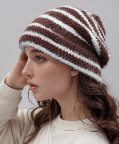 Trendy Dual-Tone Striped Beanie - Soft Plush Knit, Versatile Winter Cap (Brown and white)