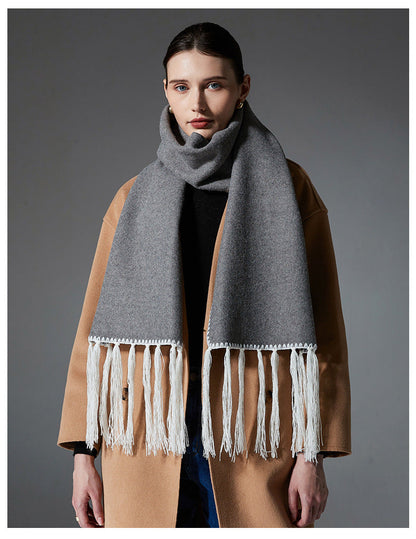 Gray Contrast Edge & Tassel Scarf - Chic Autumn/Winter Neckwear (190x30cm)