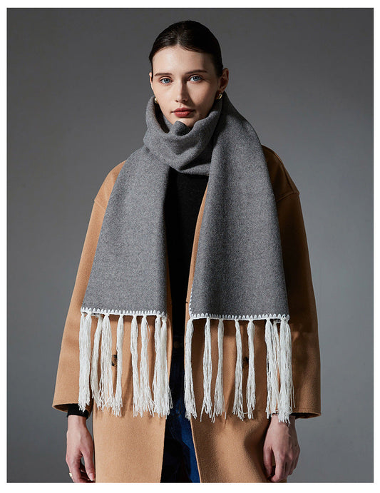 Gray Contrast Edge & Tassel Scarf - Chic Autumn/Winter Neckwear (190x30cm)