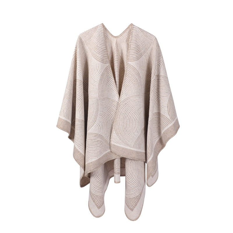 Khaki Geometric Print Cape - Cozy Knit Poncho for Women (165x130cm)