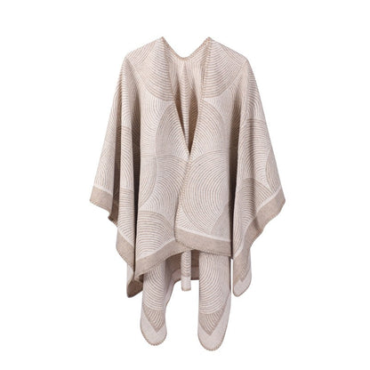 Khaki Geometric Print Cape - Cozy Knit Poncho for Women (165x130cm)
