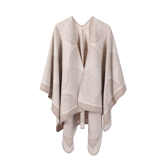 Khaki Geometric Print Cape - Cozy Knit Poncho for Women (165x130cm)