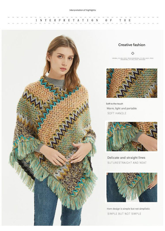 Wine red Lightweight Chevron Knit Poncho for Women - Elegant Fringed Shawl Wrap