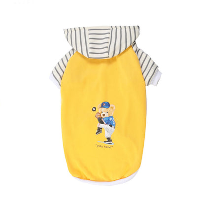 Autumn/Winter Dog Clothes - Yellow Hoodie with Striped Hood & Baseball Bear (Size - S)
