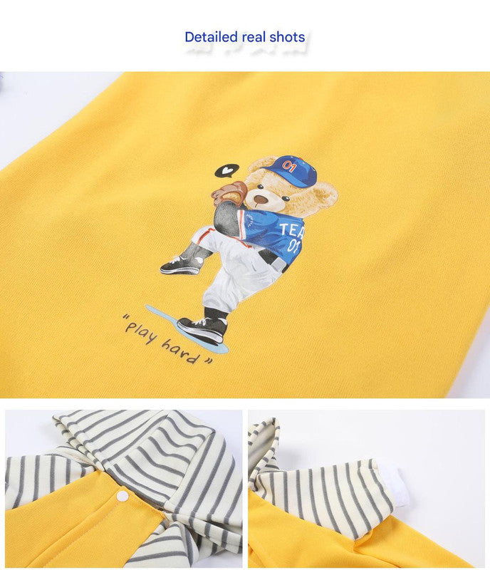 Autumn/Winter Dog Clothes - Yellow Hoodie with Striped Hood & Baseball Bear (Size - M)