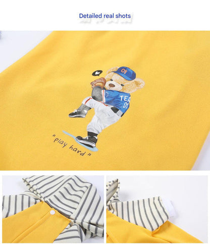 Autumn/Winter Dog Clothes - Yellow Hoodie with Striped Hood & Baseball Bear (Size - M)