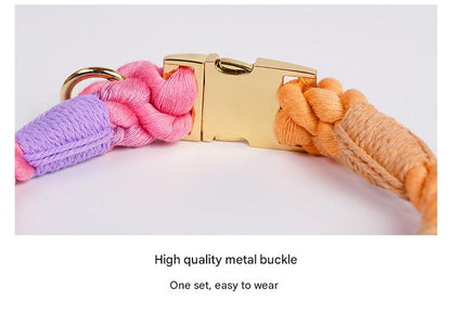 Handmade Gradient Rope Dog Collar & Leash Set - Colorful Braided Cotton (Pink - Size S)
