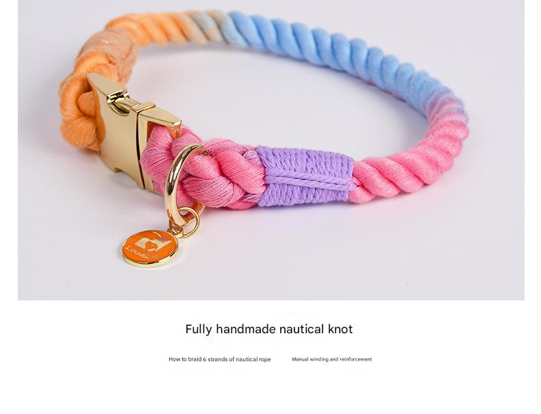 Handmade Gradient Rope Dog Collar & Leash Set - Colorful Braided Cotton (Pink purple - Size S)