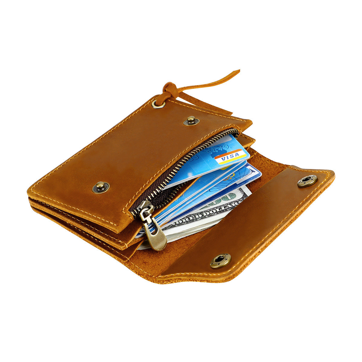 Coffee Vintage Handmade Crazy Horse Leather Wallet - Compact Card Holder & Zippered Coin Purse with Snap Closure