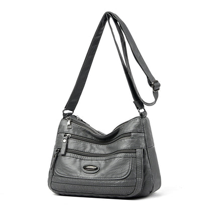 Black Women's Soft Washed PU Leather Crossbody Bag - Multi-Pocket Casual Shoulder Purse for Everyday Organization