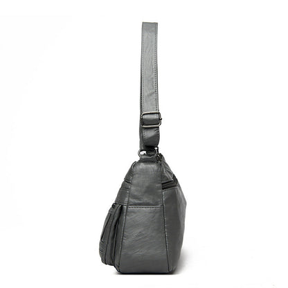 Black Women's Soft Washed PU Leather Crossbody Bag - Multi-Pocket Casual Shoulder Purse for Everyday Organization