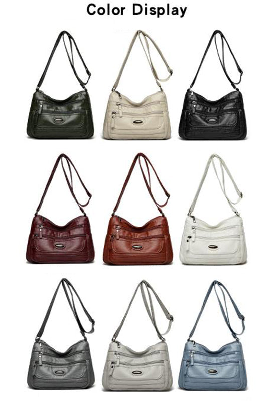 White Women's Soft Washed PU Leather Crossbody Bag - Multi-Pocket Casual Shoulder Purse for Everyday Organization