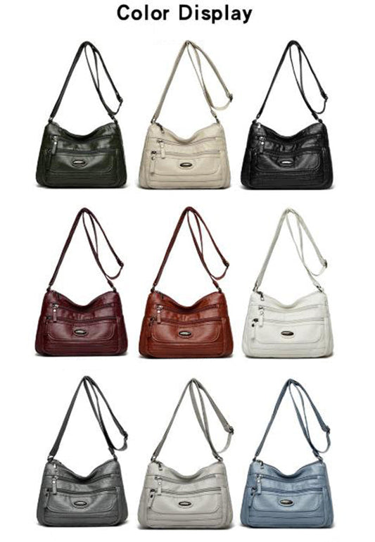 White Women's Soft Washed PU Leather Crossbody Bag - Multi-Pocket Casual Shoulder Purse for Everyday Organization