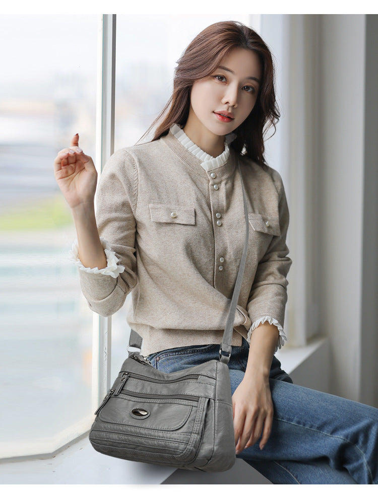Reddish Brown Women's Soft Washed PU Leather Crossbody Bag - Multi-Pocket Casual Shoulder Purse for Everyday Organization