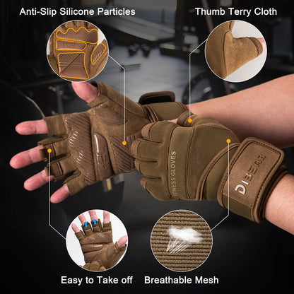 Size M Black Heavy Duty Workout Gloves with Wrist Support - Anti-Slip Gel Padded Gym Gloves for Weightlifting, Training & Fitness