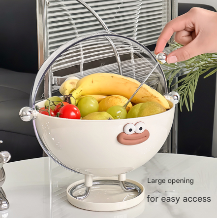 Red Whimsical Covered Fruit Bowl with Flip Lid & Drainer - Cute Design Snack & Candy Dish for Living Room
