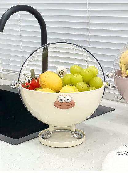 Red Whimsical Covered Fruit Bowl with Flip Lid & Drainer - Cute Design Snack & Candy Dish for Living Room