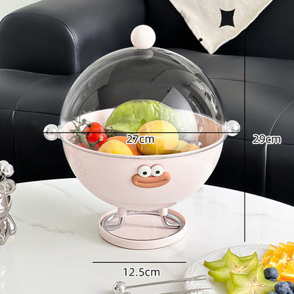 Pink Whimsical Covered Fruit Bowl with Flip Lid & Drainer - Cute Design Snack & Candy Dish for Living Room