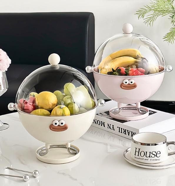 Pink Whimsical Covered Fruit Bowl with Flip Lid & Drainer - Cute Design Snack & Candy Dish for Living Room
