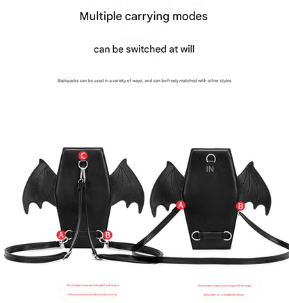Black Gothic Coffin Bat Wing Convertible Crossbody Bag - Punk PU Leather Shoulder Purse & Mini Backpack