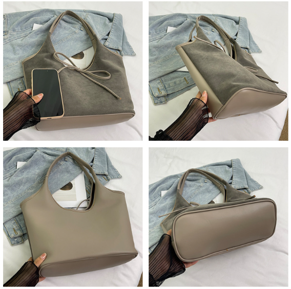 Coffee Chic Retro Suede-Finish PU Leather Tote Bag - Large Capacity Shoulder Bag with Tie Accent