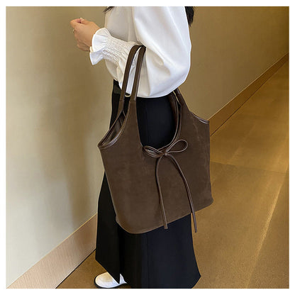 Coffee Chic Retro Suede-Finish PU Leather Tote Bag - Large Capacity Shoulder Bag with Tie Accent