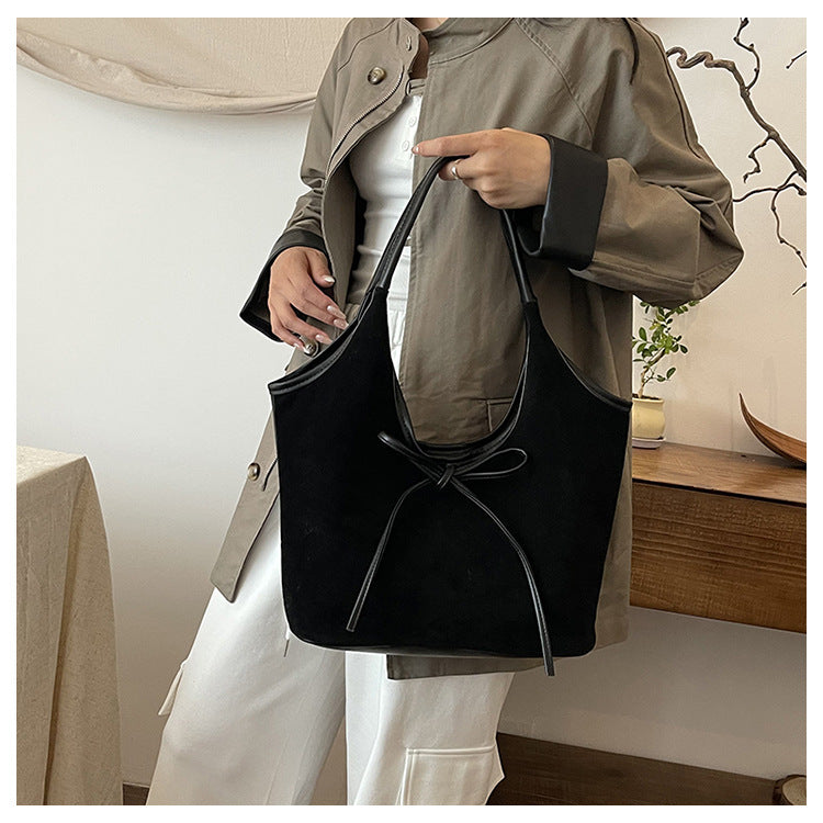 Black Chic Retro Suede-Finish PU Leather Tote Bag - Large Capacity Shoulder Bag with Tie Accent