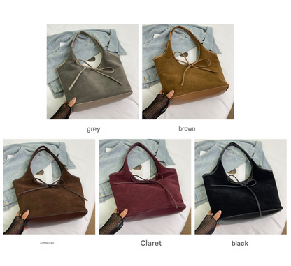 Claret Red Chic Retro Suede-Finish PU Leather Tote Bag - Large Capacity Shoulder Bag with Tie Accent