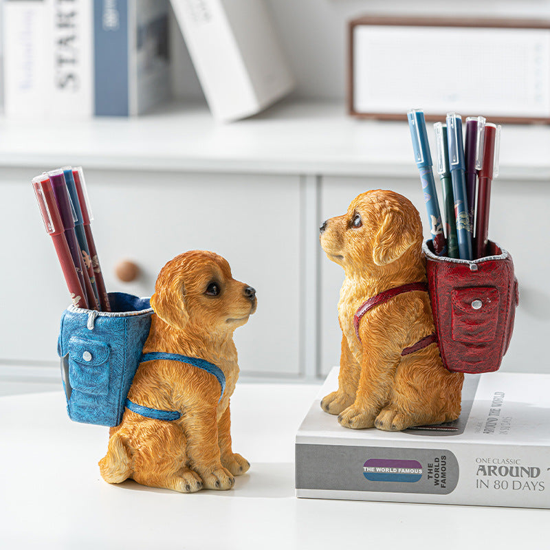 Blue Backpack Charming Golden Retriever Puppy Pen Holder - Resin Desktop Organizer & Decorative Figurine