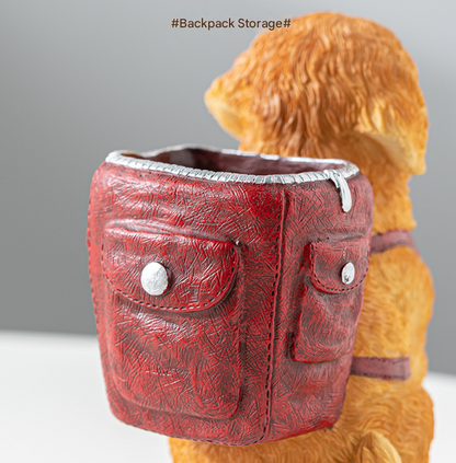 Red Backpack Charming Golden Retriever Puppy Pen Holder - Resin Desktop Organizer & Decorative Figurine
