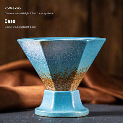 Blue and Brown Artistic Hexagonal Ceramic Coffee Cup & Stand Set - 180ml Nordic Design Drip Glaze Mug