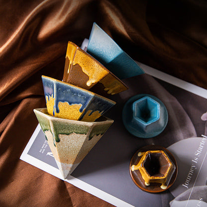 Blue and Brown Artistic Hexagonal Ceramic Coffee Cup & Stand Set - 180ml Nordic Design Drip Glaze Mug