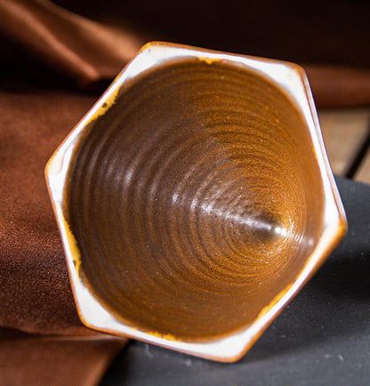 Blue and Brown Artistic Hexagonal Ceramic Coffee Cup & Stand Set - 180ml Nordic Design Drip Glaze Mug