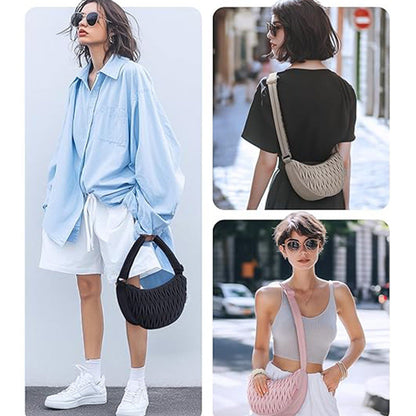 Pink Chic Pleated Crescent Sling Bag - Water-Resistant Lightweight Crossbody & Shoulder Purse