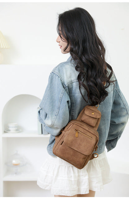 Green Stylish PU Leather Sling Crossbody Bag for Women - Multi-Pocket Chest Pack with Adjustable Wide Strap