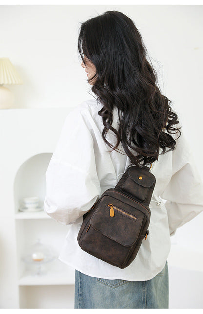 Coffee Stylish PU Leather Sling Crossbody Bag for Women - Multi-Pocket Chest Pack with Adjustable Wide Strap