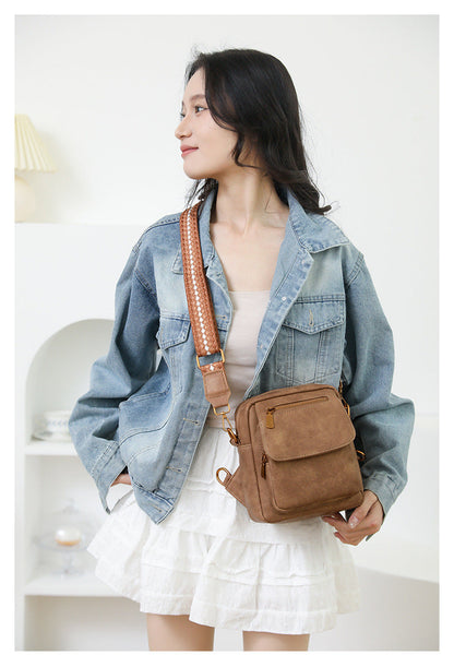 Brown Stylish PU Leather Sling Crossbody Bag for Women - Multi-Pocket Chest Pack with Adjustable Wide Strap