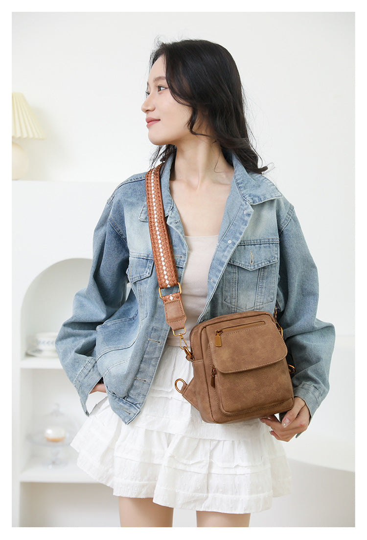 Khaki Stylish PU Leather Sling Crossbody Bag for Women - Multi-Pocket Chest Pack with Adjustable Wide Strap
