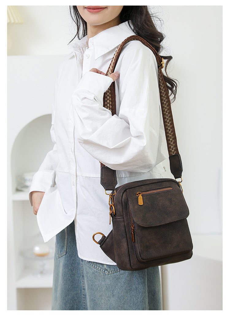 Khaki Stylish PU Leather Sling Crossbody Bag for Women - Multi-Pocket Chest Pack with Adjustable Wide Strap