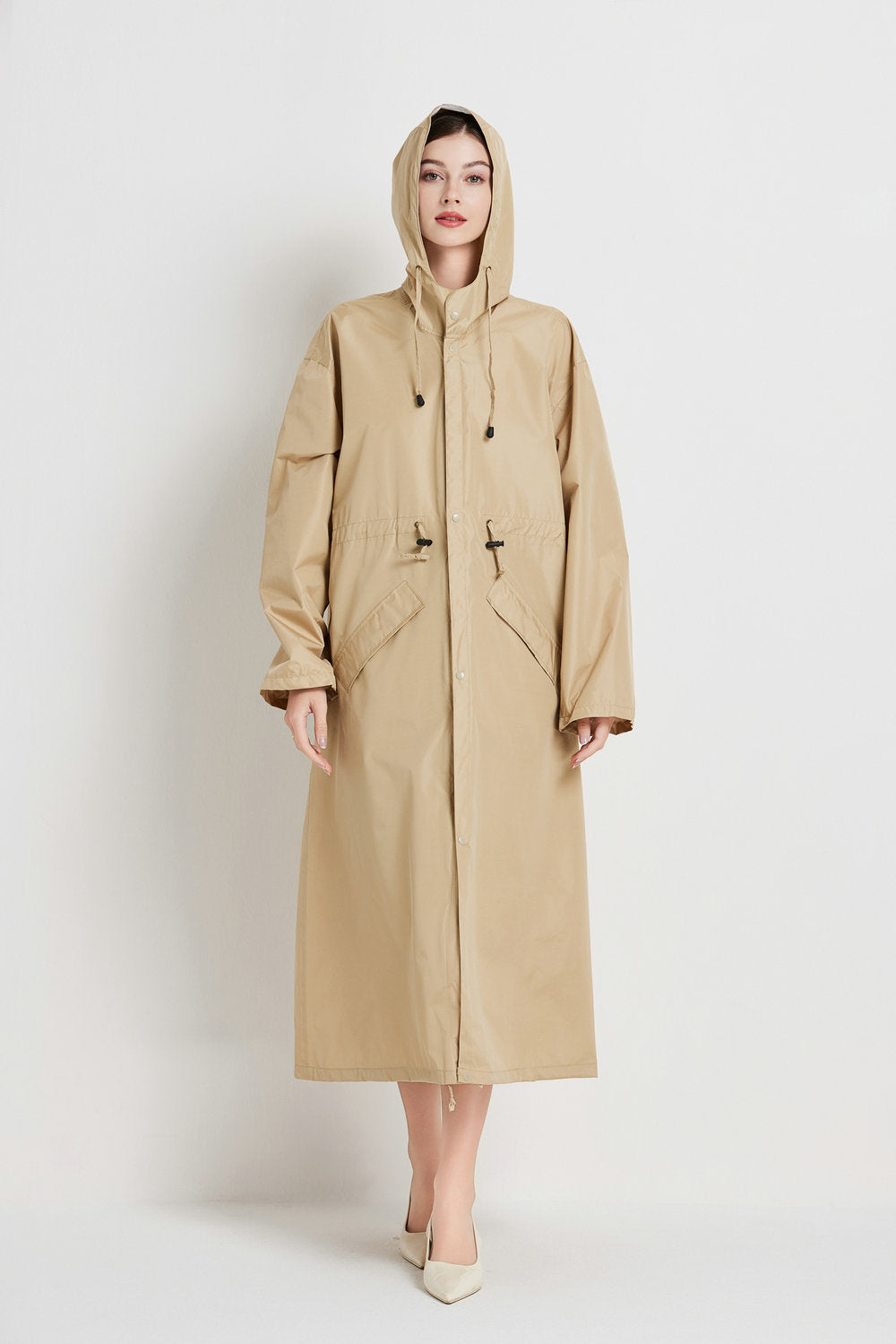 Size XL Khaki Women's Chic Lightweight Waterproof Raincoat - Long Hooded Packable Rain Jacket with Pouch