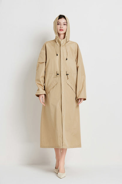Size XL Khaki Women's Chic Lightweight Waterproof Raincoat - Long Hooded Packable Rain Jacket with Pouch