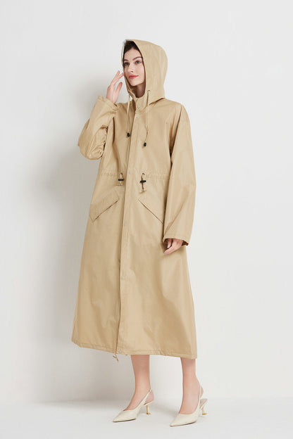 Size XL Khaki Women's Chic Lightweight Waterproof Raincoat - Long Hooded Packable Rain Jacket with Pouch