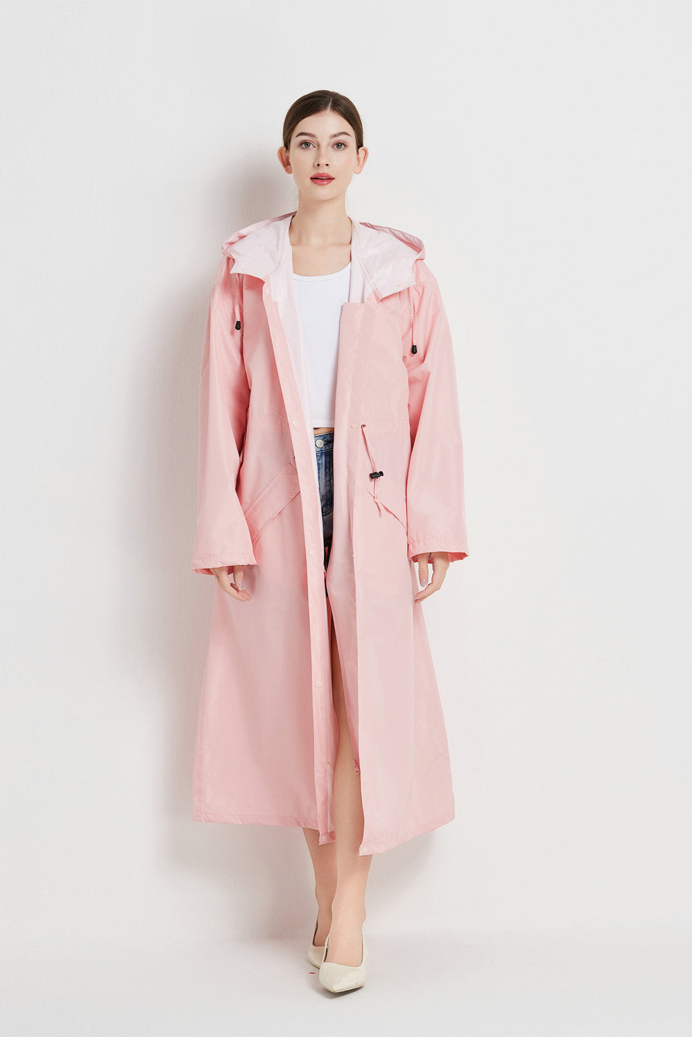 Size L Pink Women's Chic Lightweight Waterproof Raincoat - Long Hooded Packable Rain Jacket with Pouch