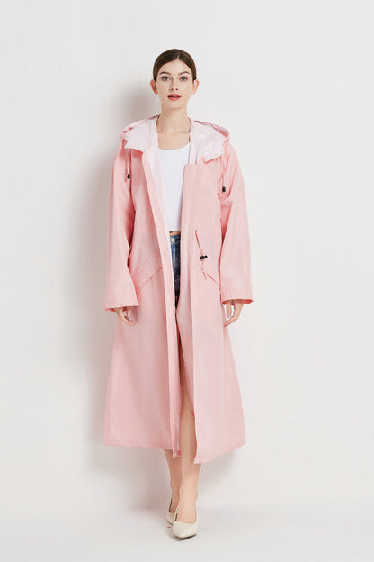 Size L Pink Women's Chic Lightweight Waterproof Raincoat - Long Hooded Packable Rain Jacket with Pouch