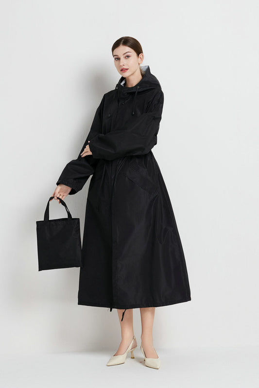 Size L Black Women's Chic Lightweight Waterproof Raincoat - Long Hooded Packable Rain Jacket with Pouch
