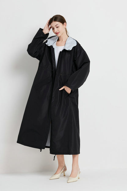 Size XL Black Women's Chic Lightweight Waterproof Raincoat - Long Hooded Packable Rain Jacket with Pouch