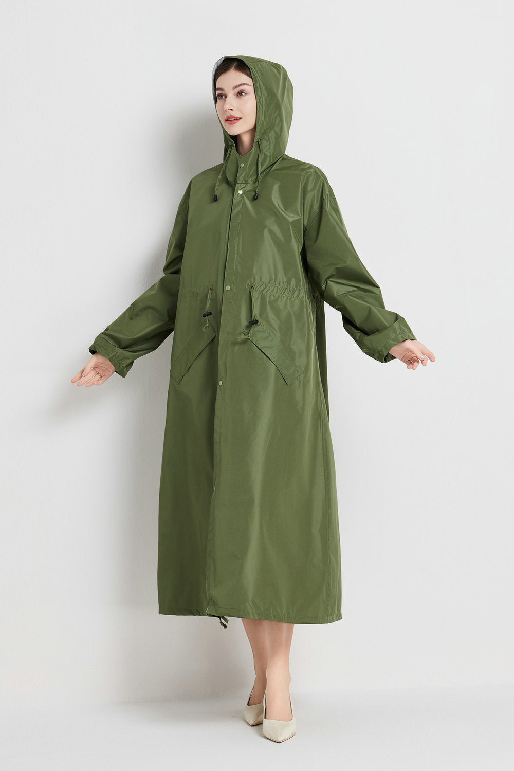 Size L Green Women's Chic Lightweight Waterproof Raincoat - Long Hooded Packable Rain Jacket with Pouch