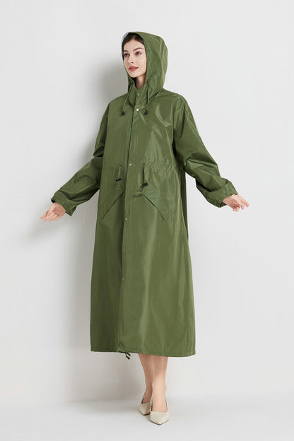 Size L Green Women's Chic Lightweight Waterproof Raincoat - Long Hooded Packable Rain Jacket with Pouch