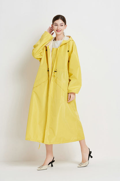 Size L Yellow Women's Chic Lightweight Waterproof Raincoat - Long Hooded Packable Rain Jacket with Pouch