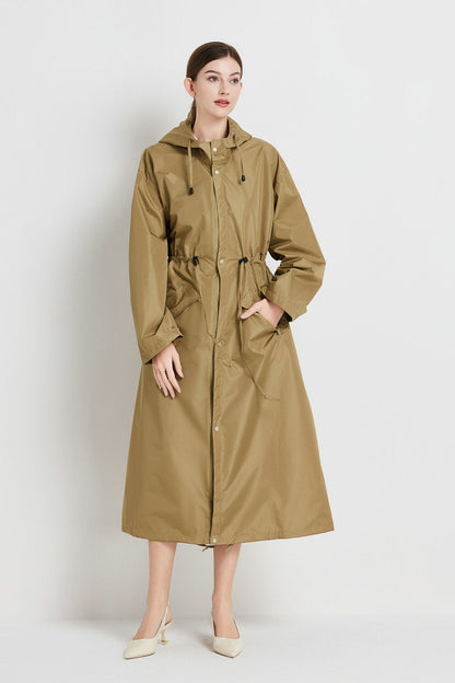 Size M Brown Women's Chic Lightweight Waterproof Raincoat - Long Hooded Packable Rain Jacket with Pouch